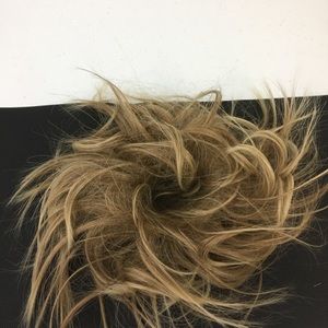 Hair scrunchie. Messy bun style. Ash blonde